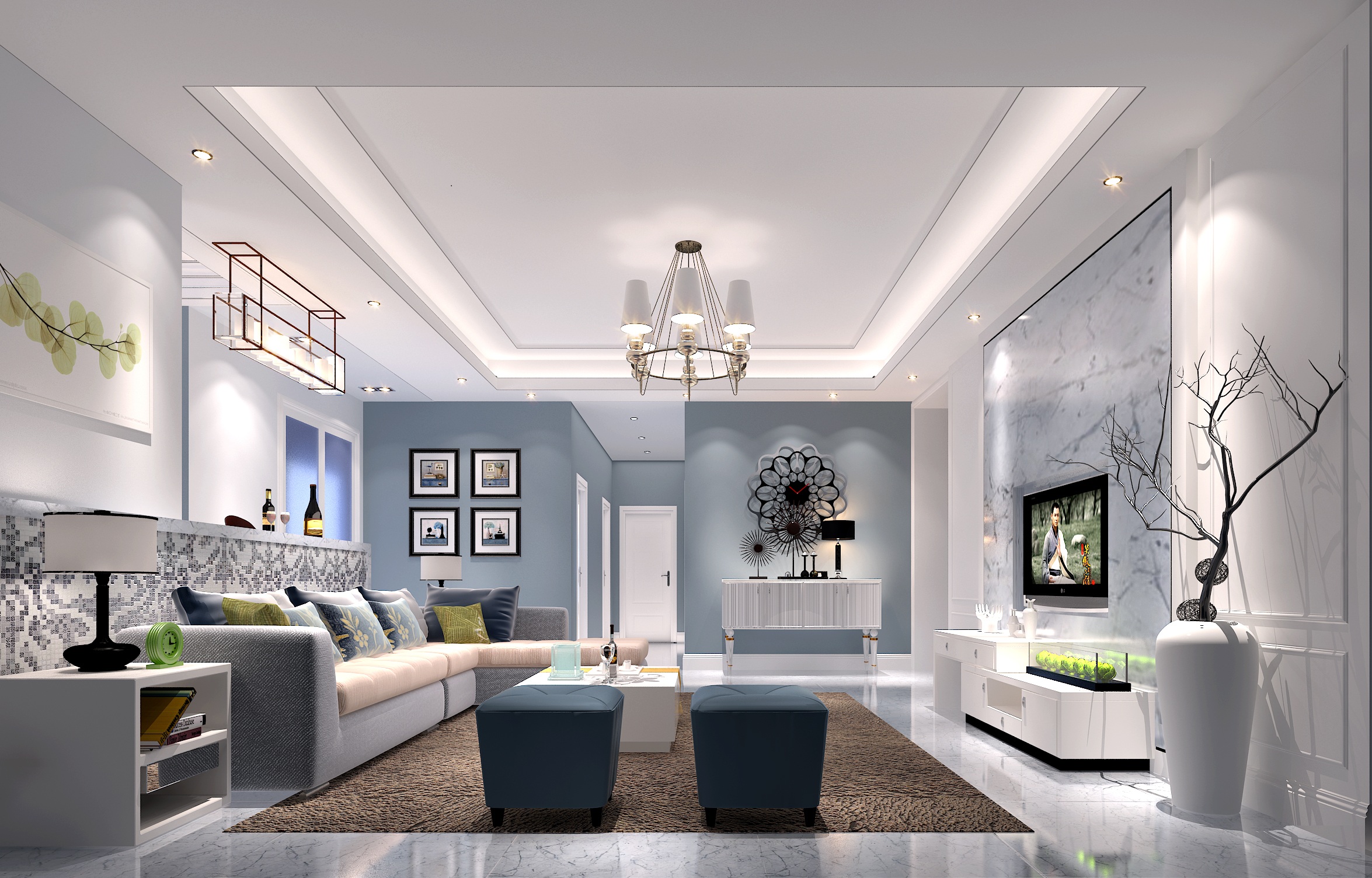 背景墙家装设计现代轻奢风客厅,禅意新中式厨房吊顶效果图