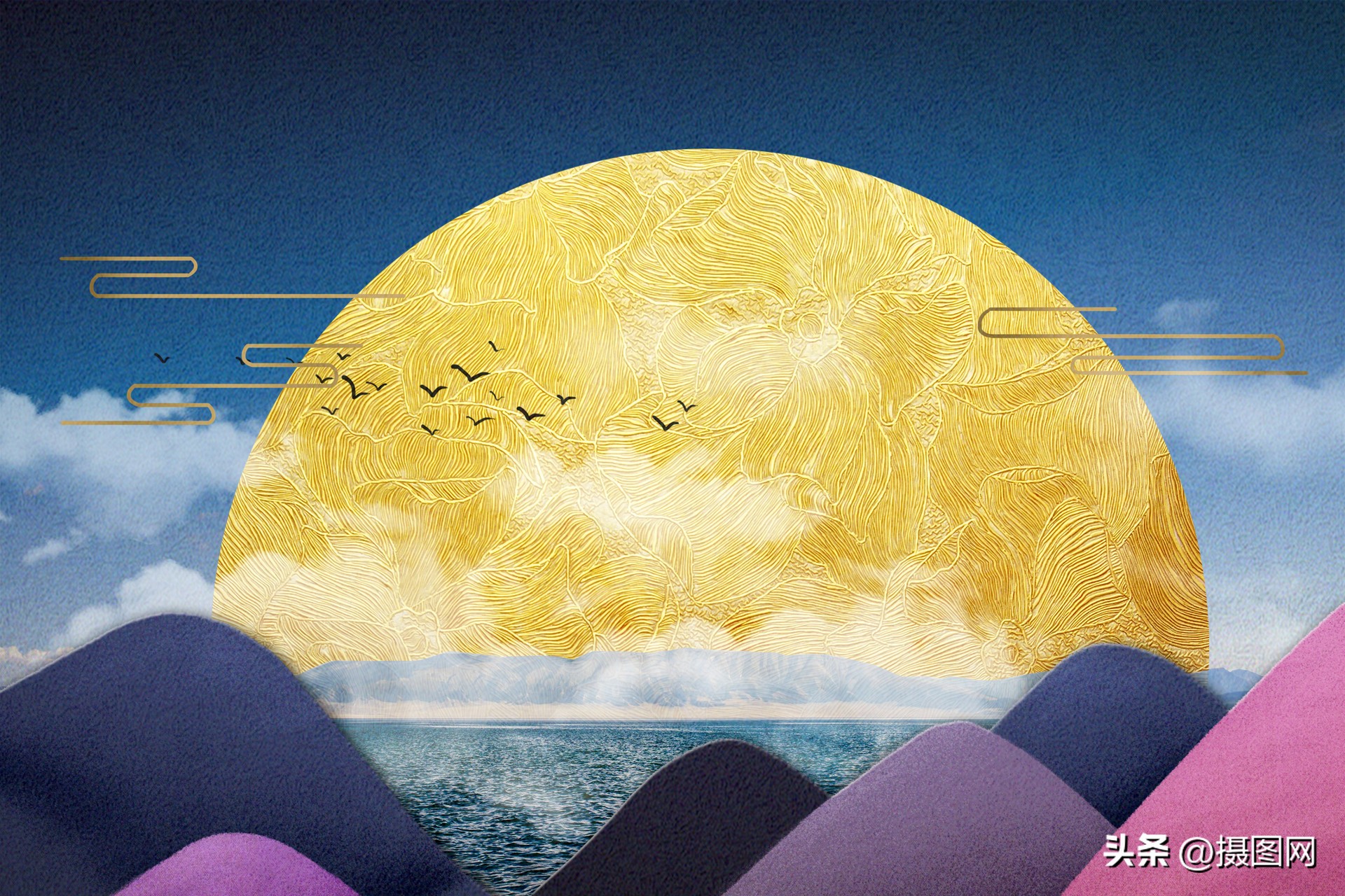 国潮风手绘山水设计素材图文,手绘国潮山水素材背景