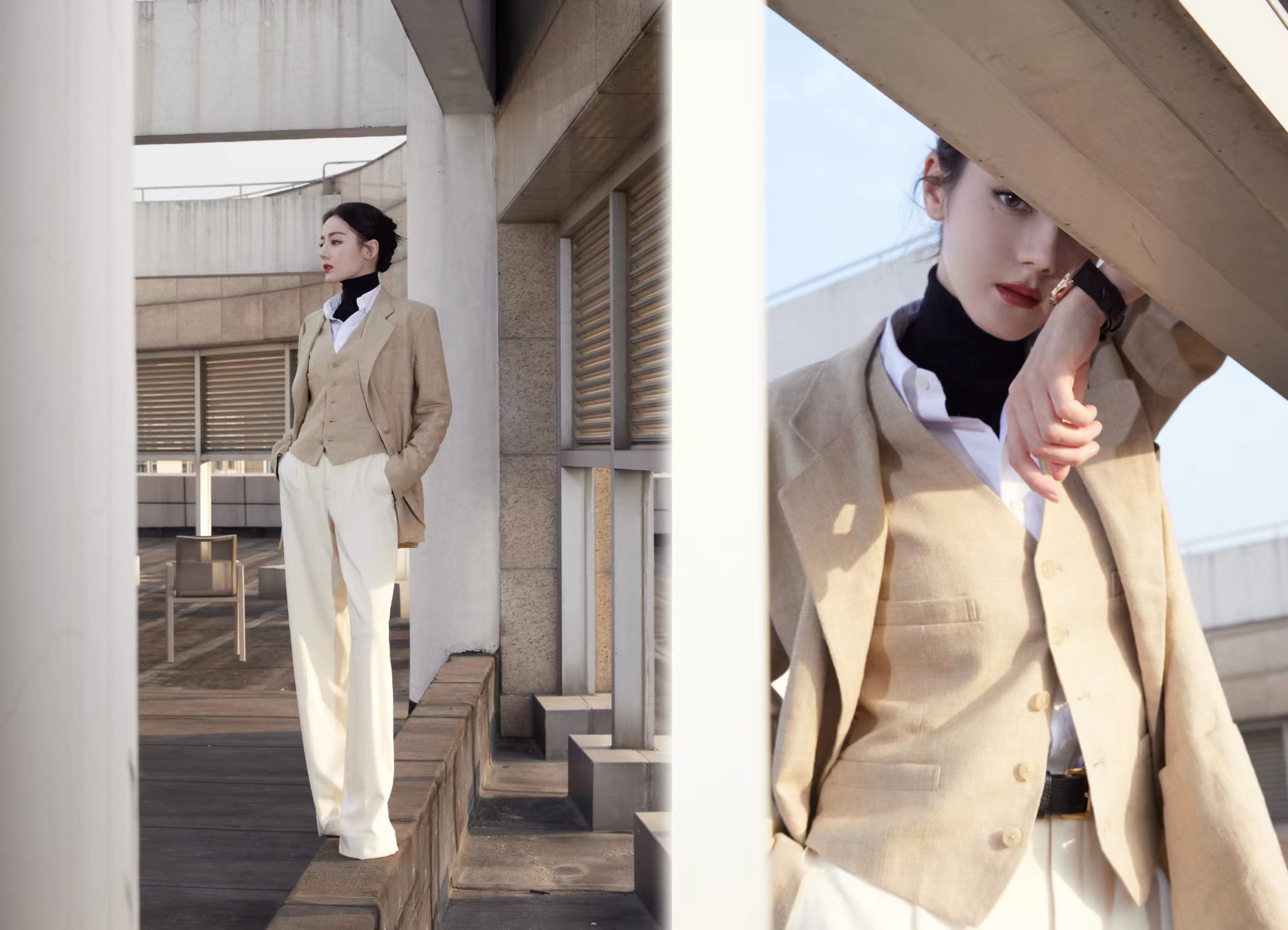 迪丽热巴女霸总造型上线，穿素色西装搭阔腿裤，酷飒又有型！