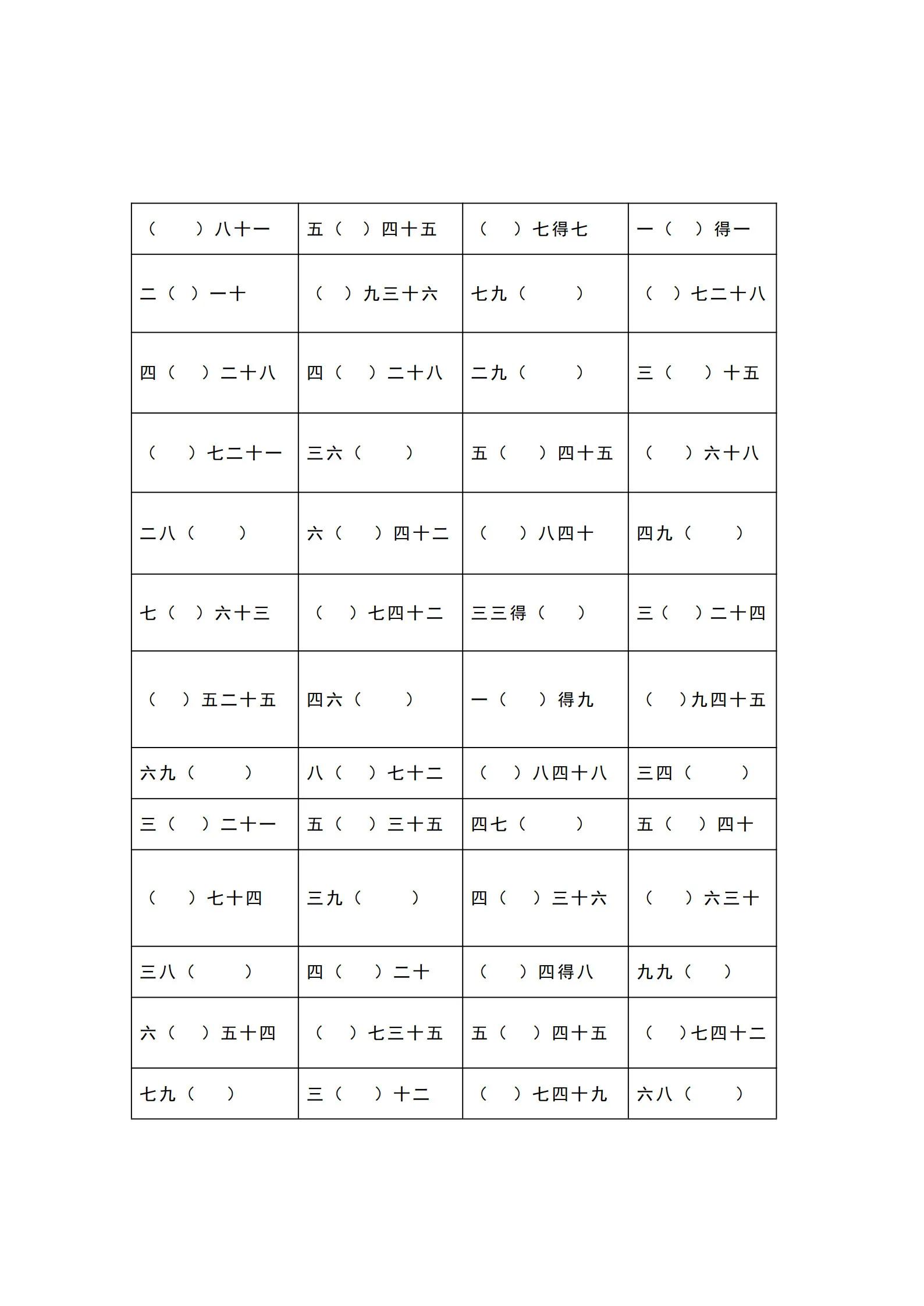 二年级数学上册九九乘法口诀表,二年级九九乘法口诀表