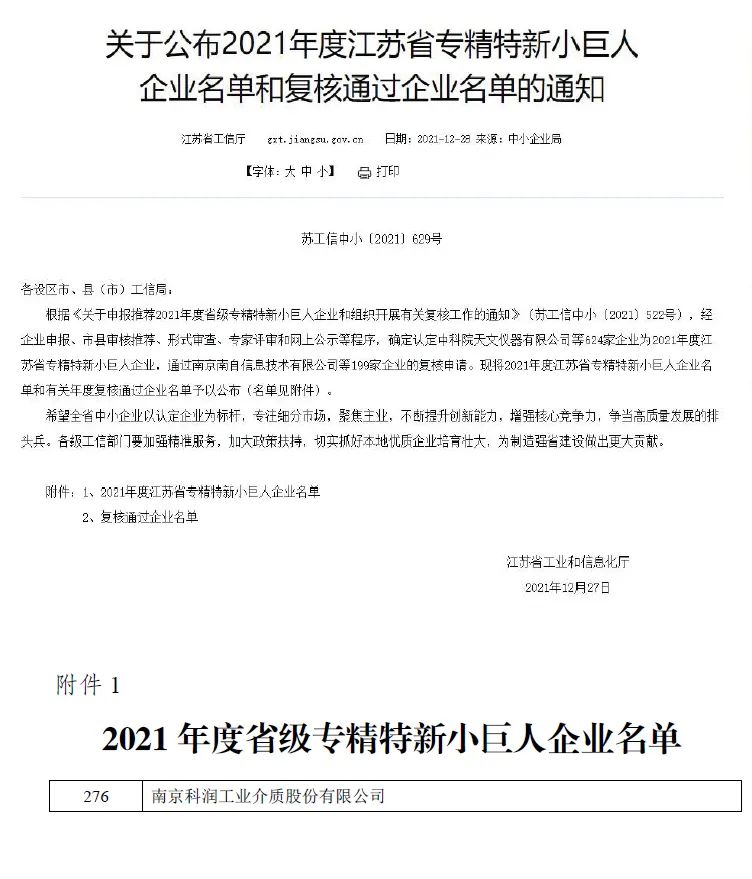 江苏省专精特新小巨人企业奖励,喜报国家级专精特新小巨人企业