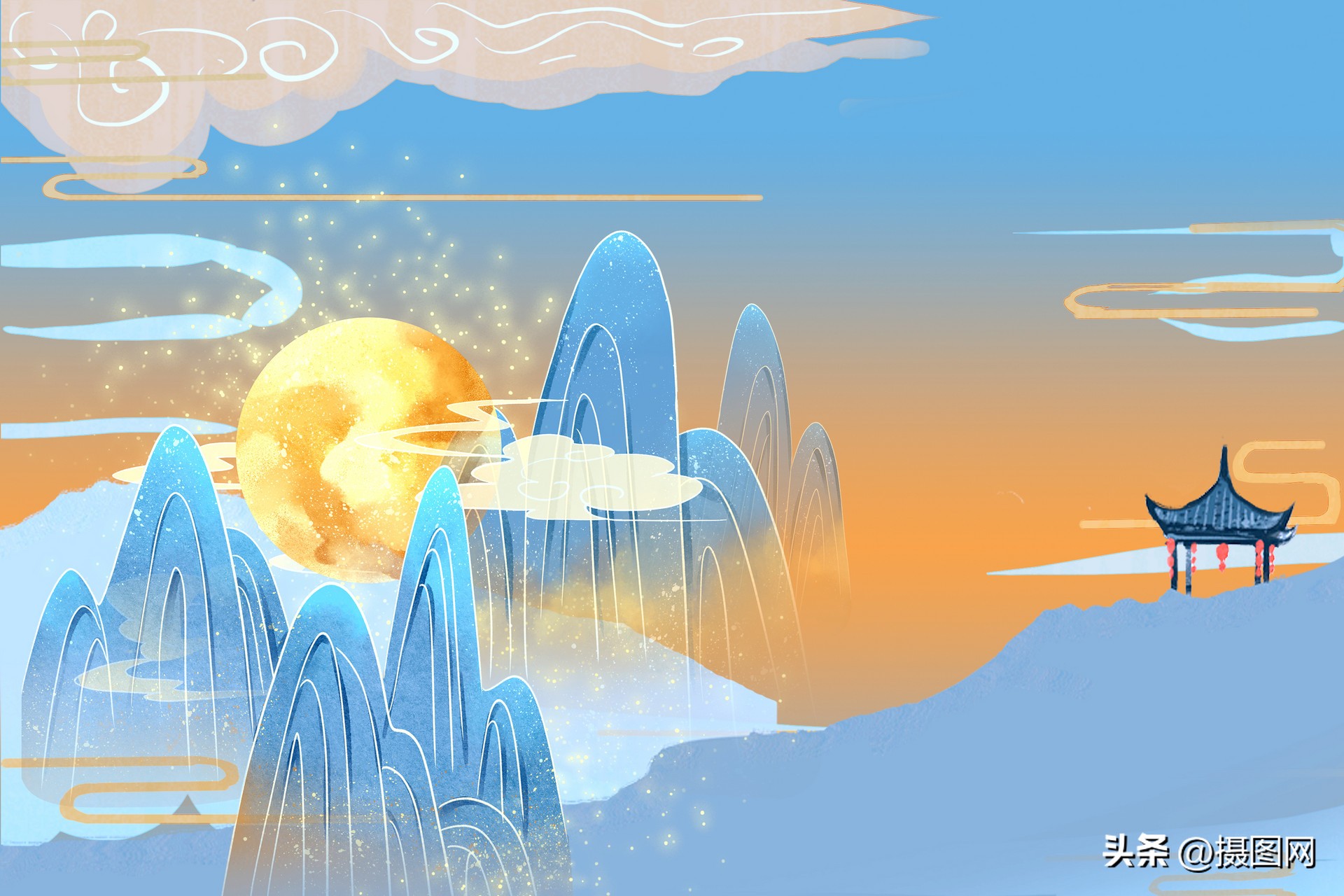 国潮风手绘山水设计素材图文,手绘国潮山水素材背景