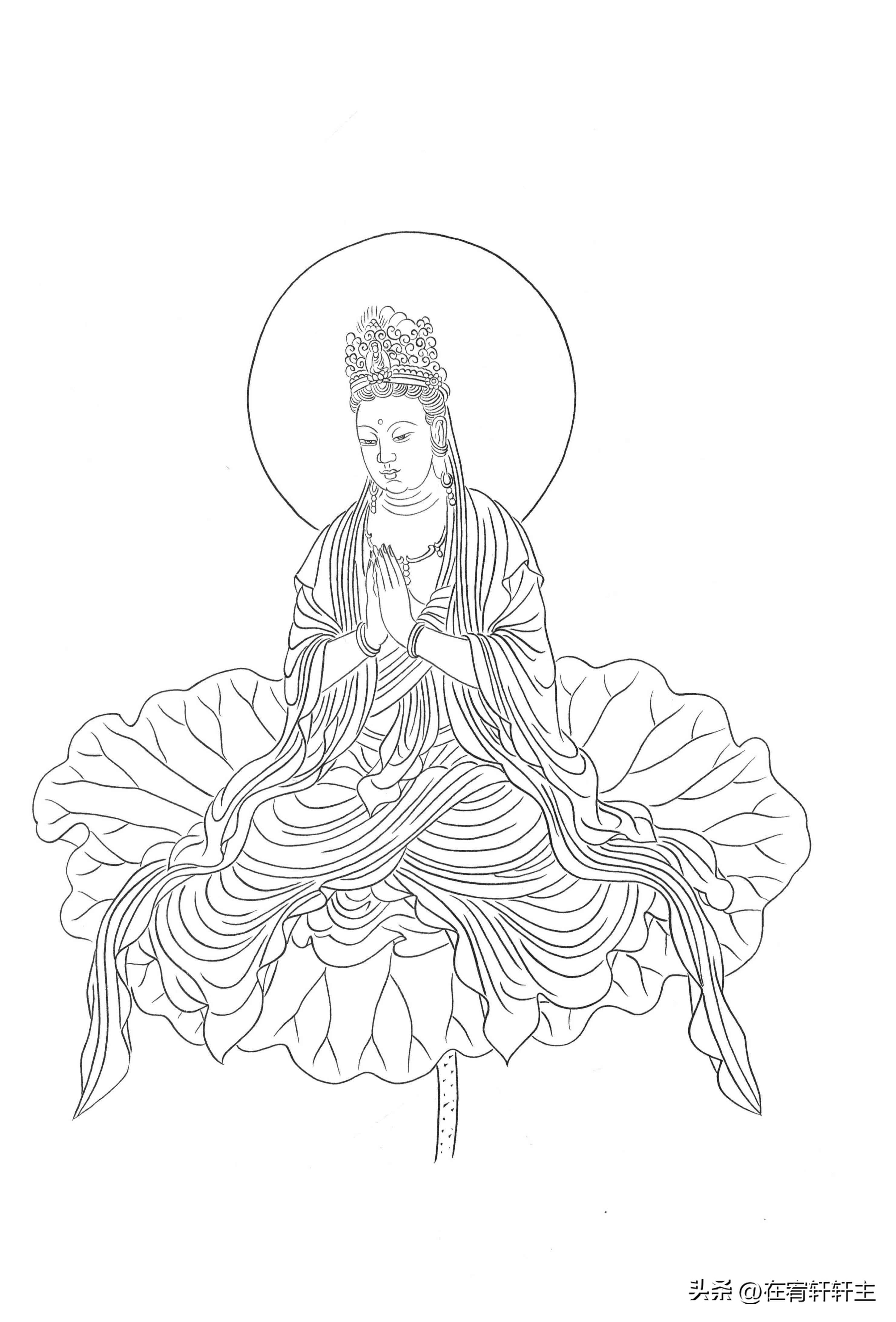 工笔白描观音苏柏斗,工笔画国画白描观音