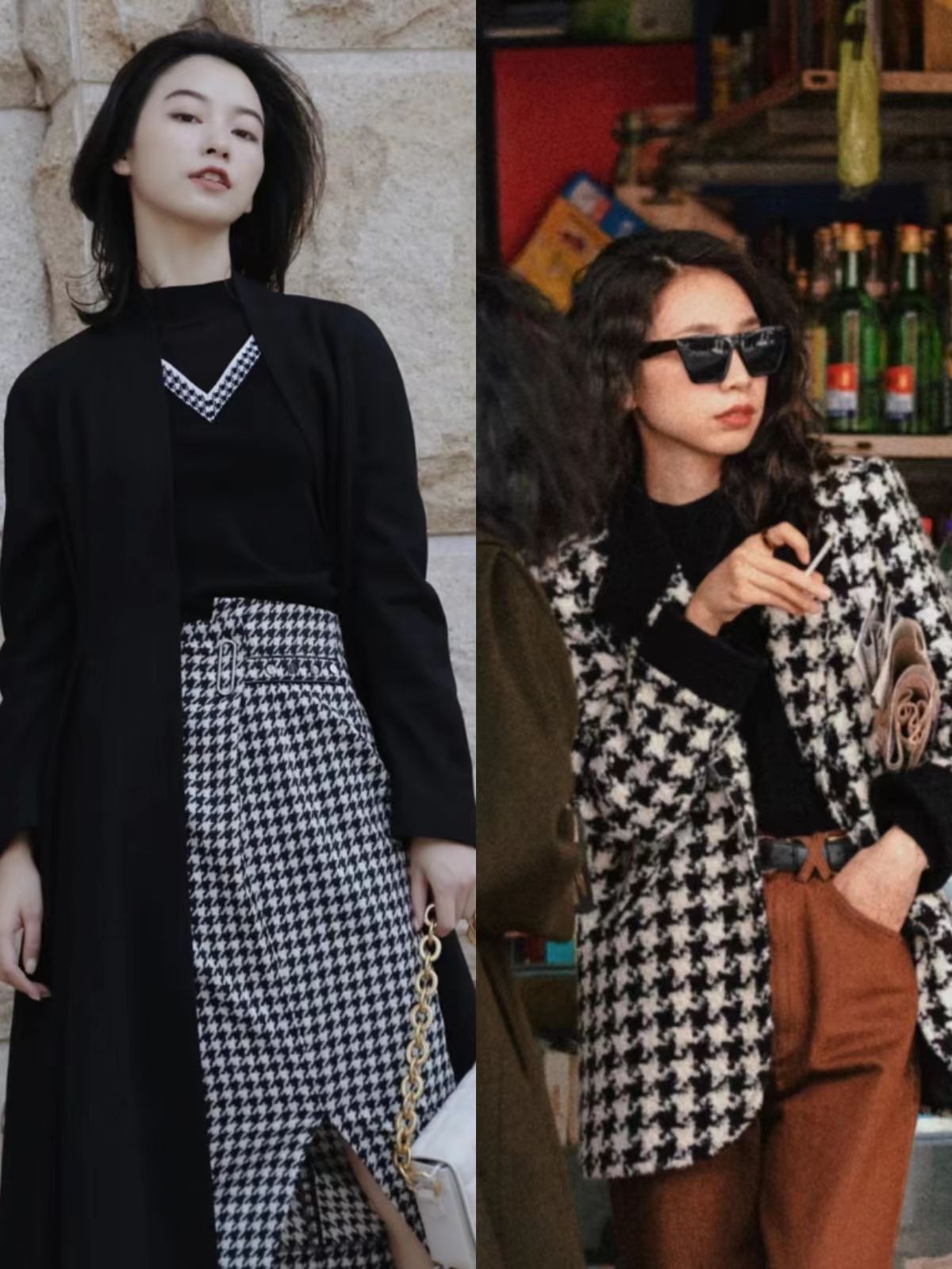 今冬不流行穿“动物纹”了，换成“千鸟格”、“棋盘格”，更优雅