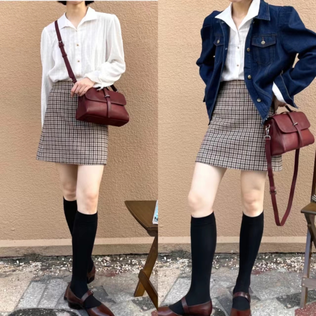 千鸟格半身裙秋冬款a字版30岁,黑白千鸟格半身裙配原绒色毛衫