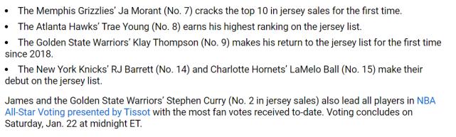 湖人詹皇球衣,NBA官宣年度最佳阵容