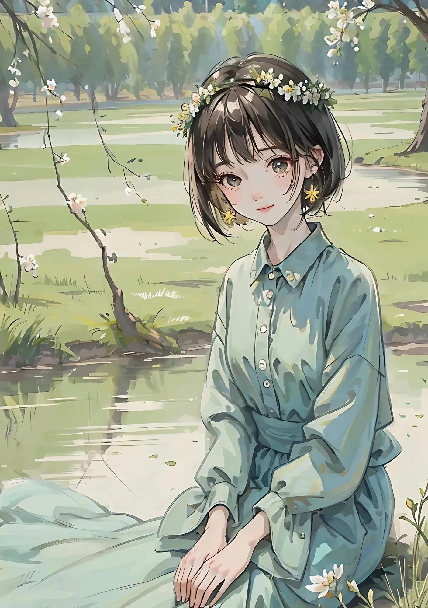 四月唯美插画,三月踏青插画