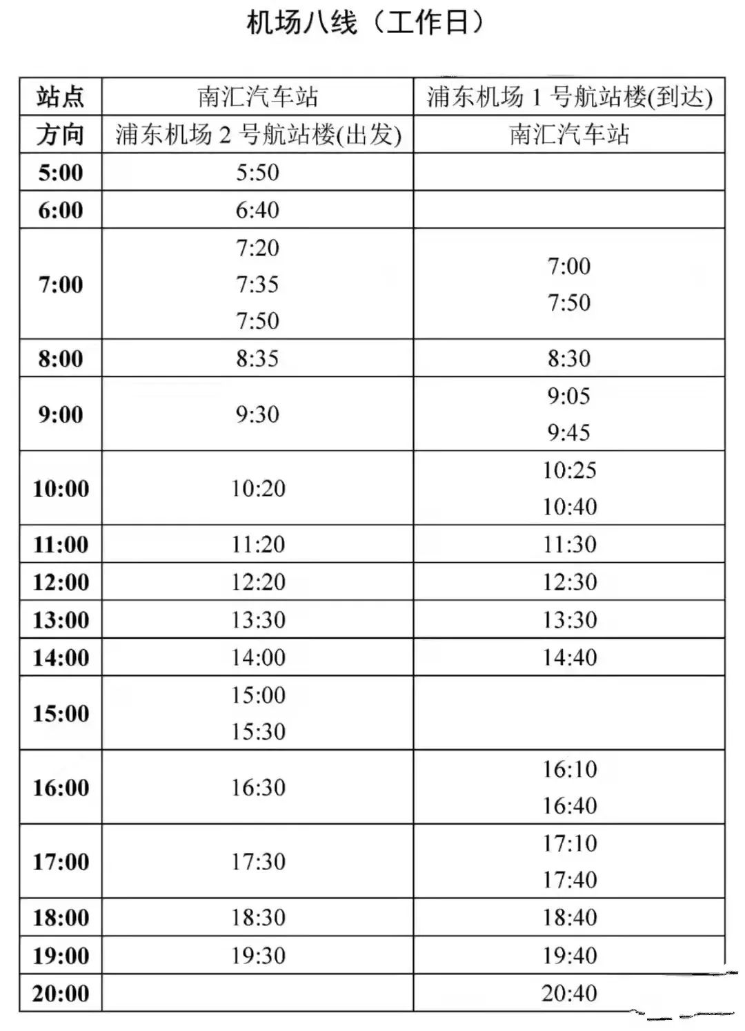 往浦东机场去的巴士,到浦东机场的大巴时刻表