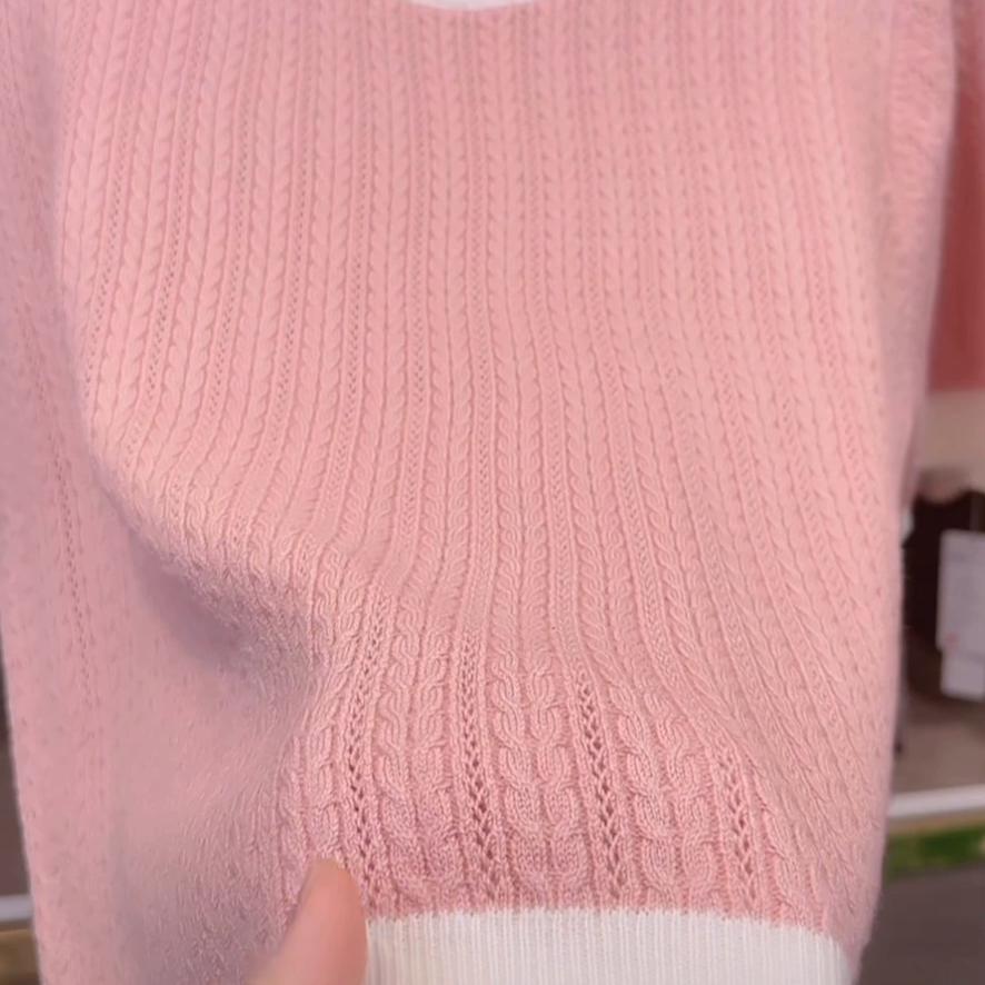 针织衫女夏短袖宽松慵懒感,2024新春夏季薄款镂空针织衫