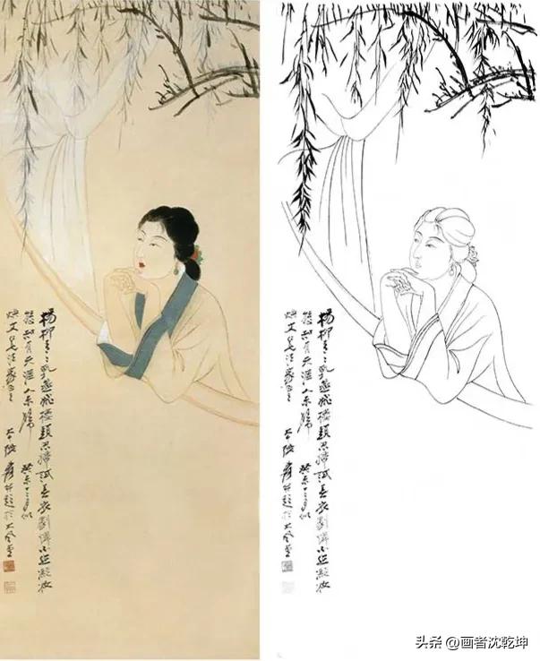 张大千临摹敦煌壁画白描稿,张大千工笔人物头部白描