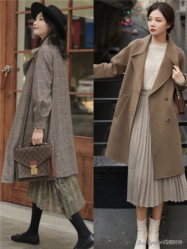 今年流行百褶裙搭大衣,中长款百褶裙搭配大衣