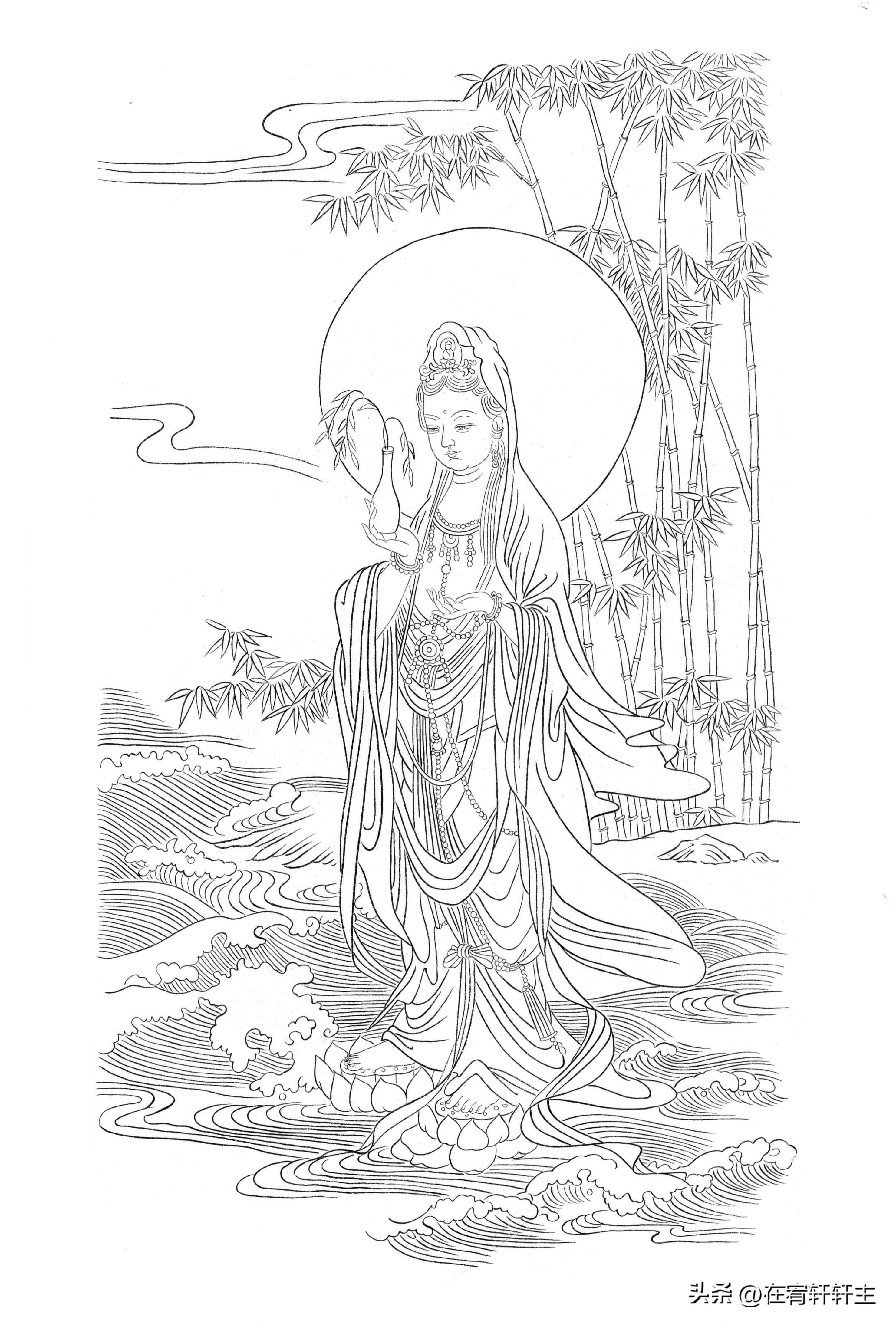 工笔白描观音苏柏斗,工笔画国画白描观音