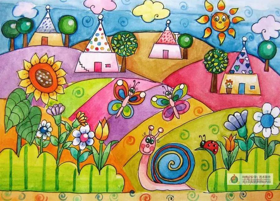 春日古诗配图儿童画,春日荡秋千放风筝儿童画