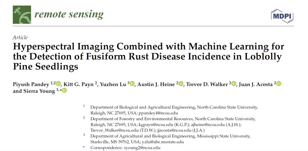 Resonon|高光谱成像结合机器学习检测火炬松幼苗梭形锈病发病率