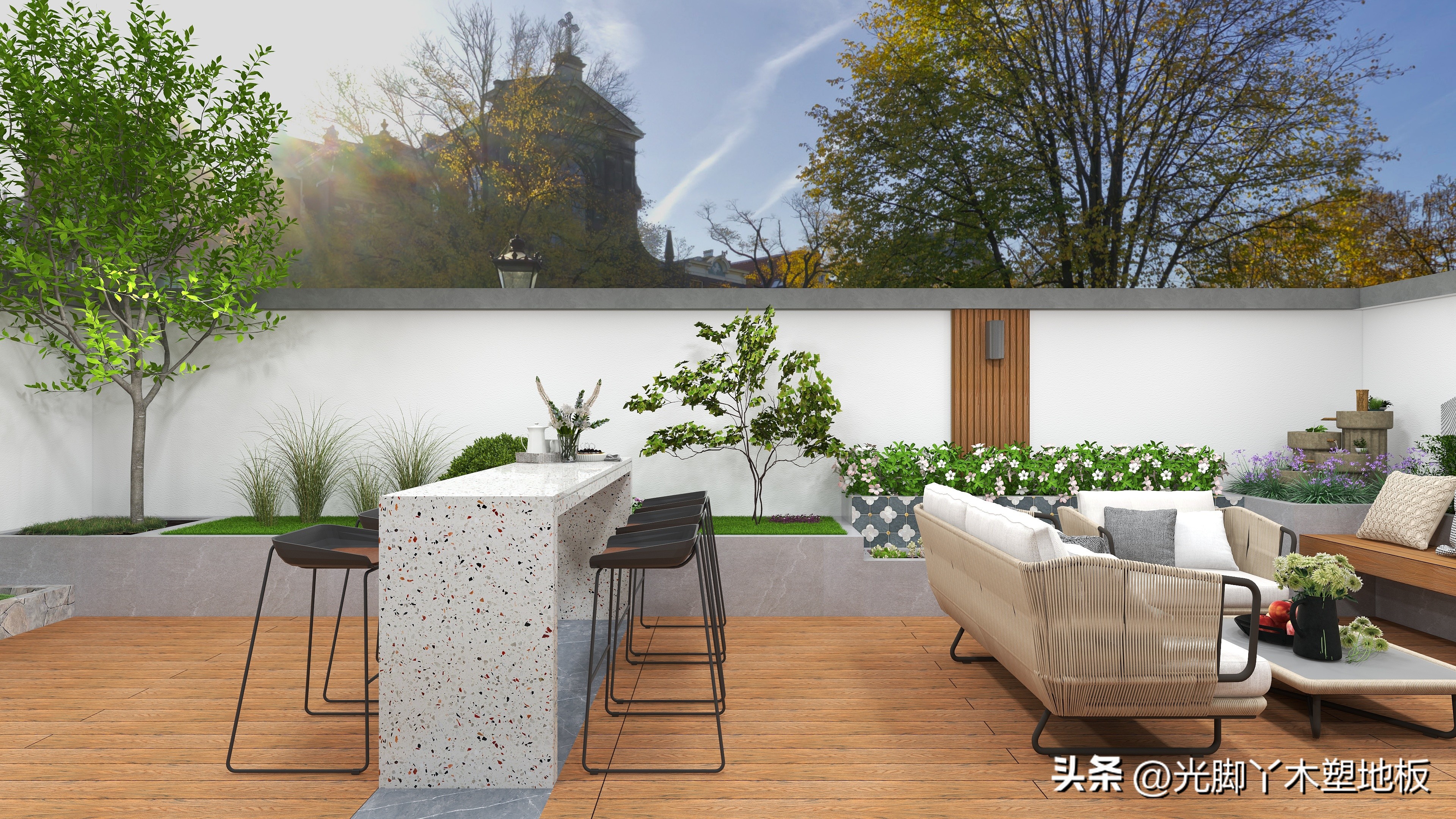 塑木地板效果图庭院,为什么别墅地面一定要用大理石