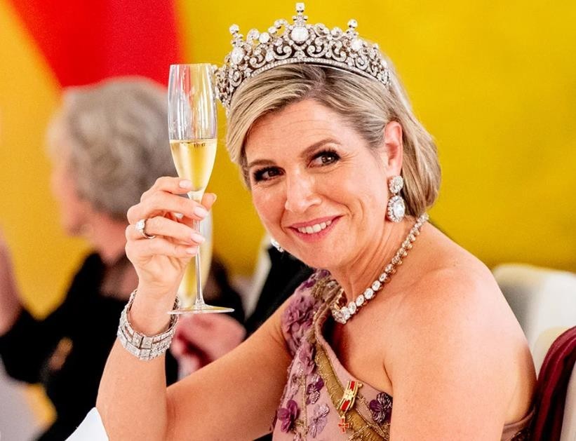 荷兰王后红毯裙,荷兰王后穿格子斗篷