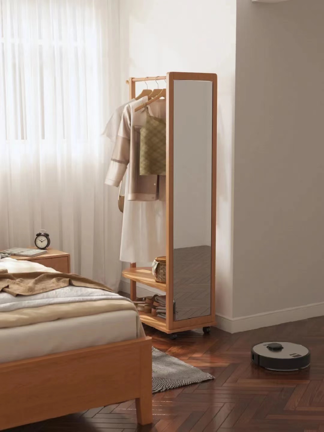 卧室镜子收纳一体挂墙,卧室墙面固定挂衣架镜子一体