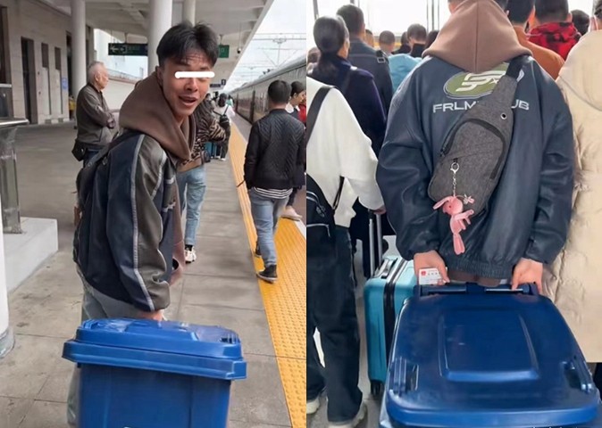 脑洞大开！大学生用垃圾桶当行李箱，既能拉又能装，但有一个缺点