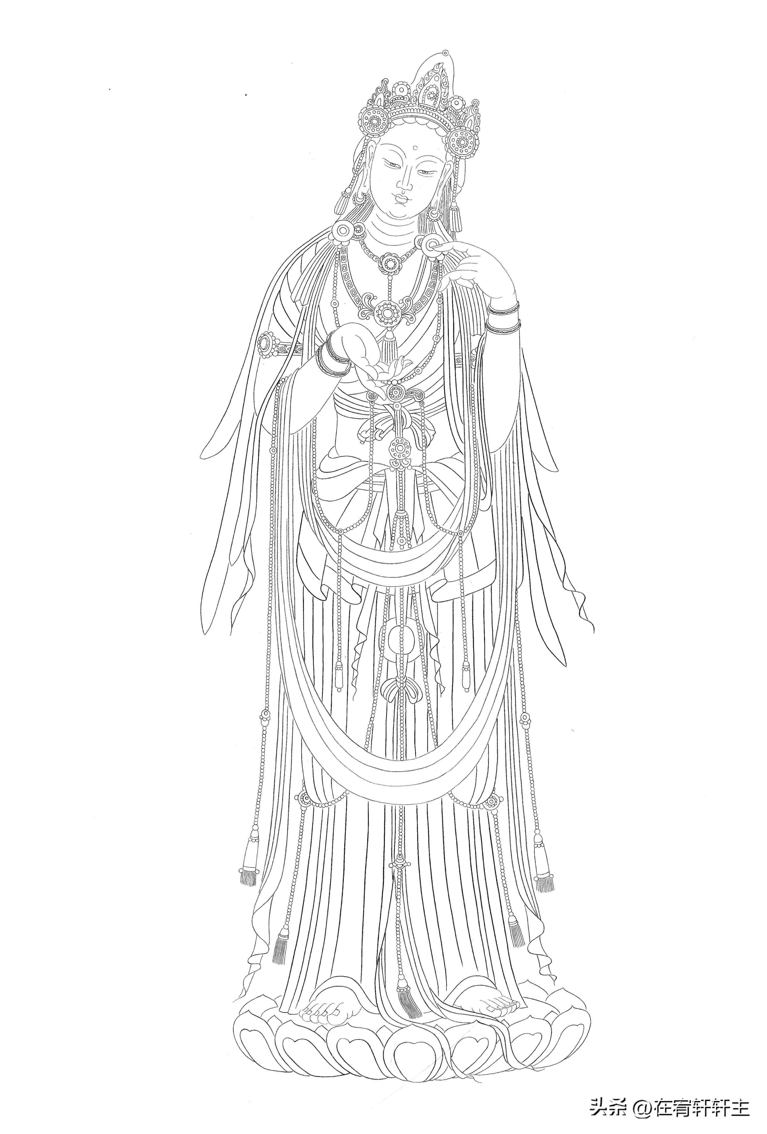 工笔白描观音苏柏斗,工笔画国画白描观音