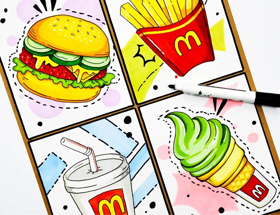 怎样画可爱的汉堡套餐,儿童画美味的披萨