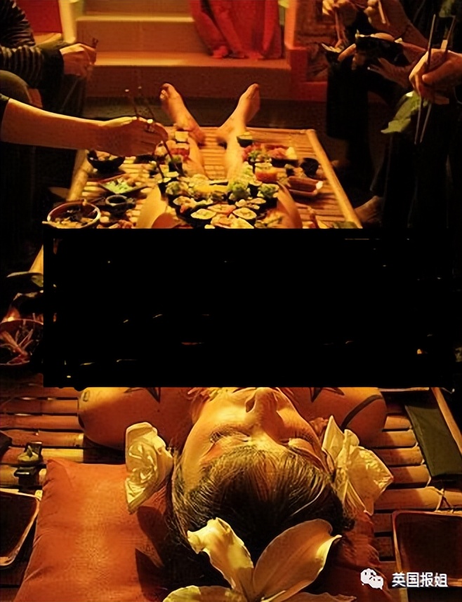 让全裸女模特当餐盘，寿司放身上供宾客享用，9岁女儿也在场