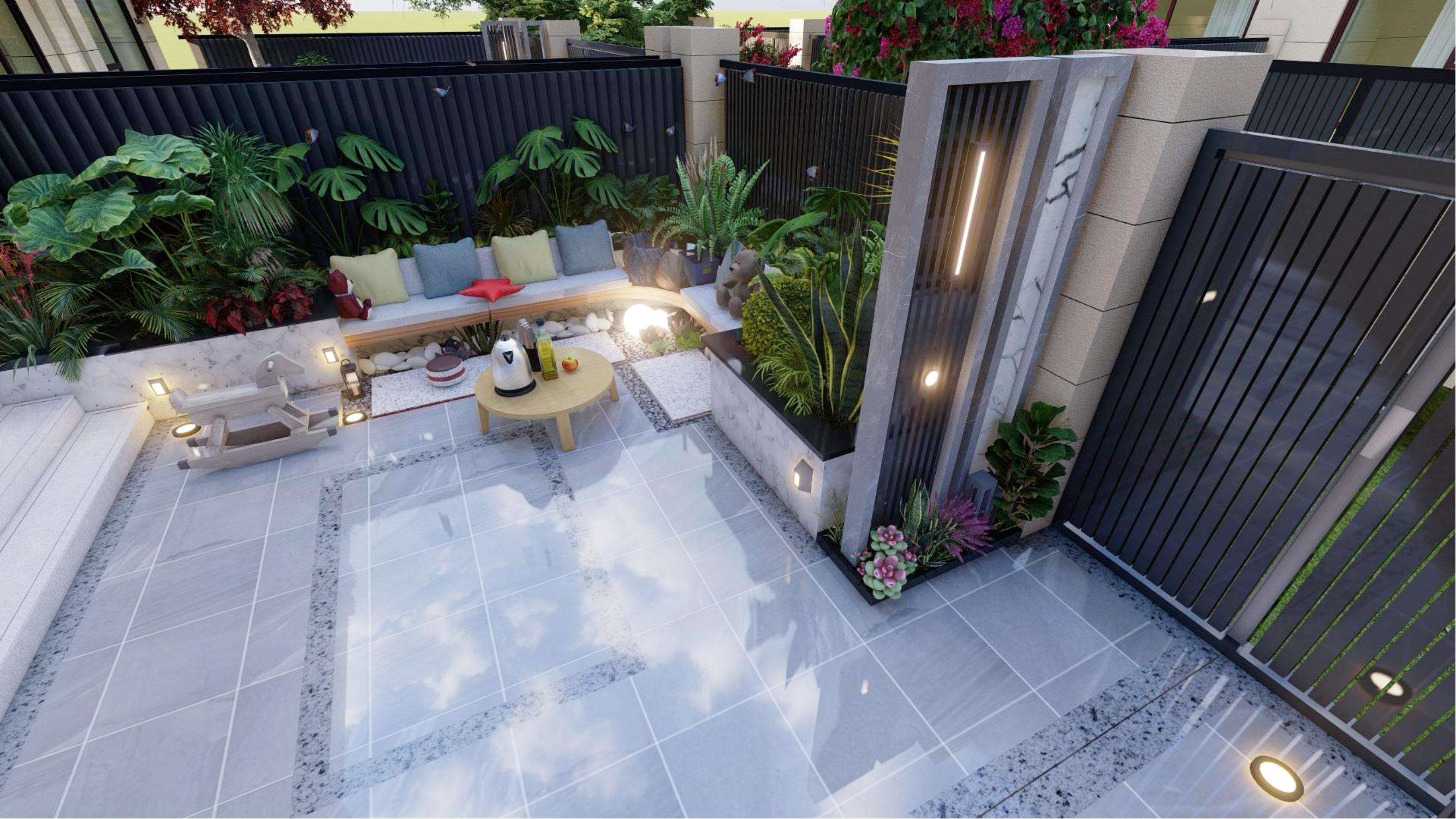 一层简易超现代带车库的小院设计,有车位小庭院别墅设计