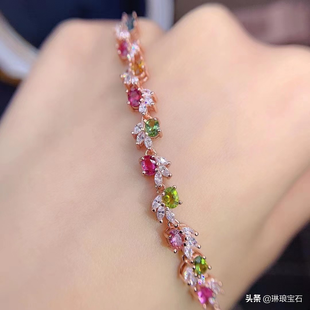 18k金天然碧玺手链长18cm可调节,纯天然彩虹亮色碧玺多圈手链