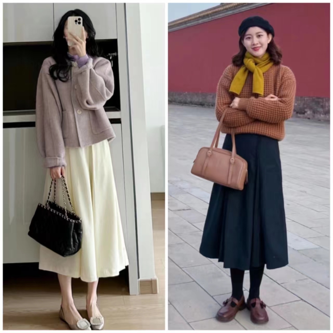 冬季流行鱼尾裙短款羽绒服穿搭,深色羽绒服搭配什么色的半身裙