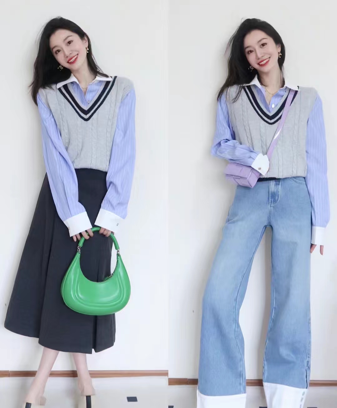 外穿洋气马甲搭格子衬衣,衬衫马甲叠穿什么外套