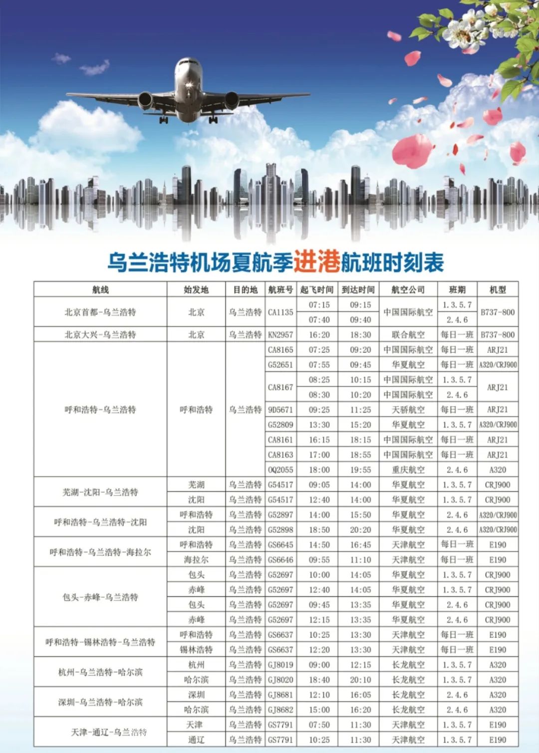 乌兰浩特机场2023航班时刻表,乌兰浩特机场航班班次