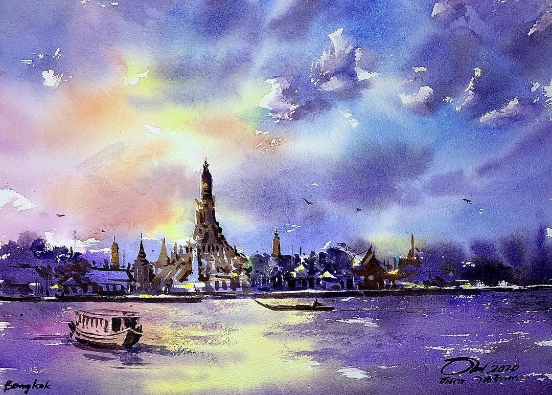 泰国水彩,泰国水彩画家绘画过程