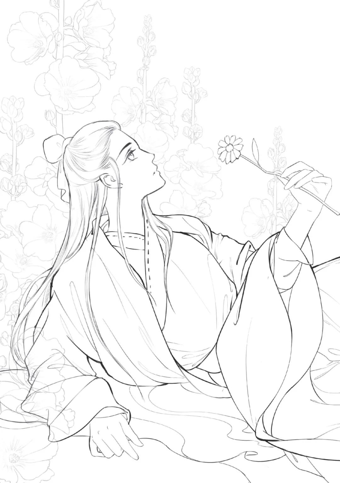 手绘山海经古风人物线稿,手绘动漫古风女生线稿简单