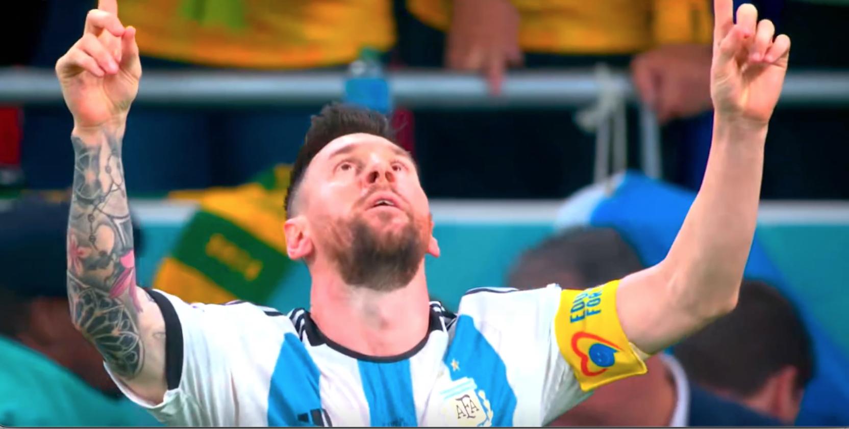 梅西隐蔽射门,梅西过人防守人倒地