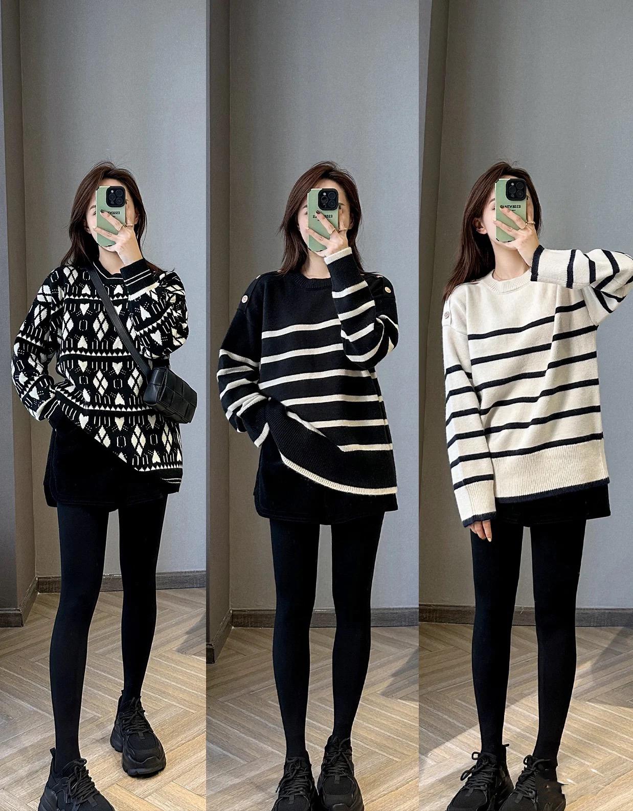 毛衣裤子这样穿时髦又保暖,冬天毛衣棉服搭配打底裤