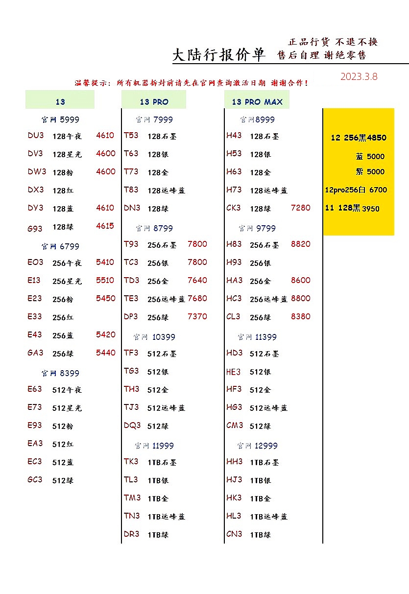 2023年2月华强北手机拿货价格表,2023年8月手机批发价格表