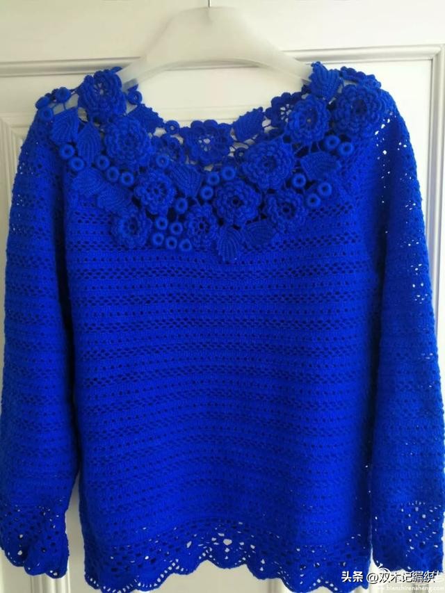 仿毛线球封面款：简单好看的女士爱尔兰钩花领套头衫