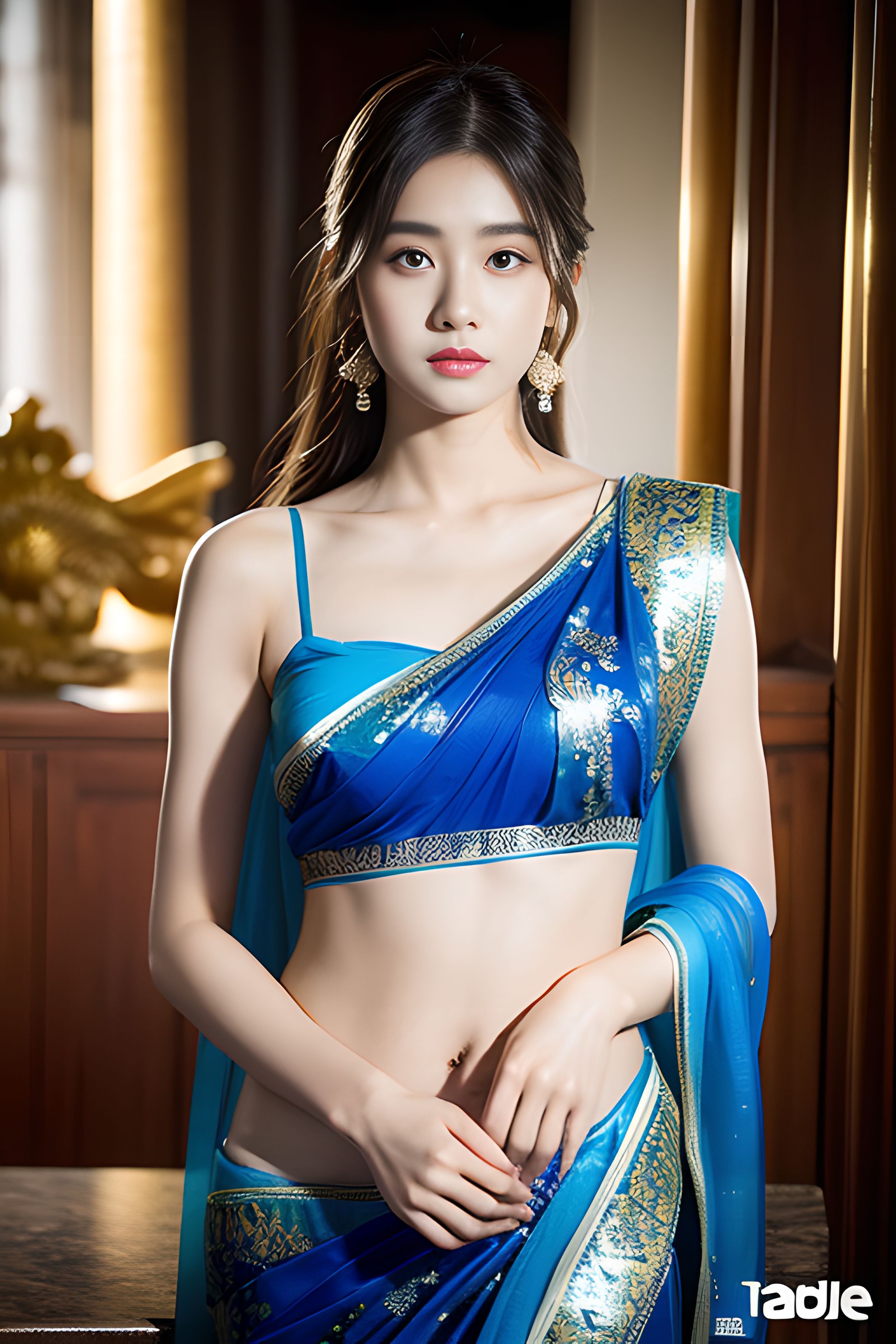 一袭青衣薄纱轻盈灵动,纱丽的穿衣搭配