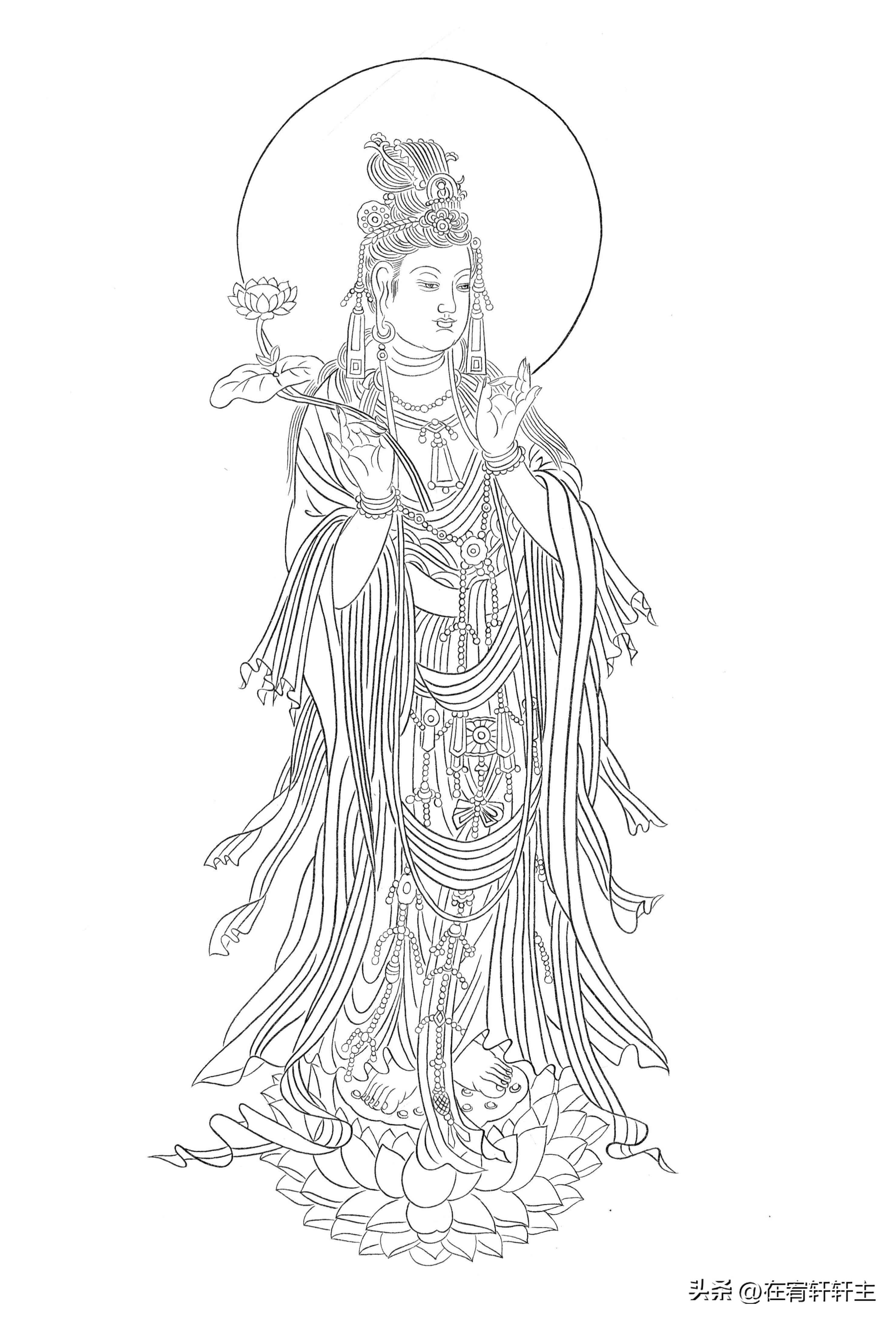 工笔白描观音苏柏斗,工笔画国画白描观音