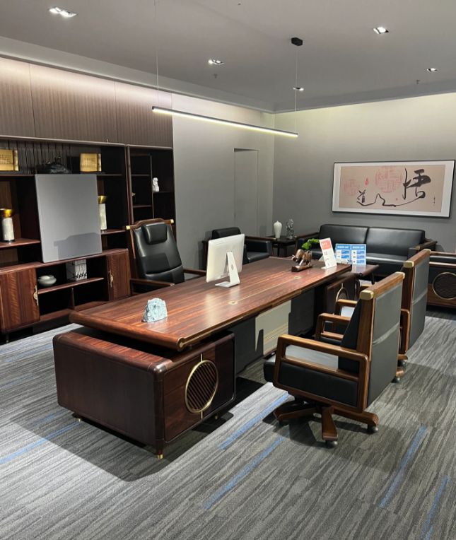老板办公桌椅组合简约现代大班台,老板办公室柜子效果图新中式