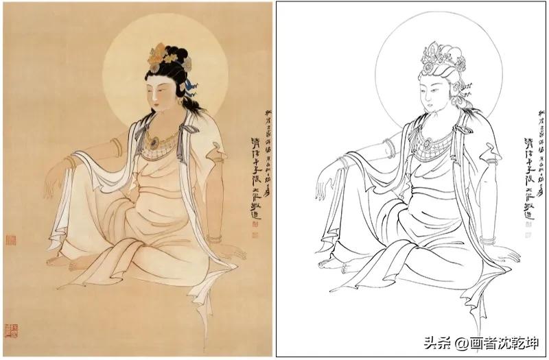 张大千临摹敦煌壁画白描稿,张大千工笔人物头部白描
