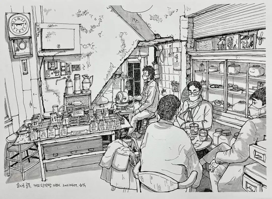 日本画家创作的铅笔街景速写,韩国速写大师