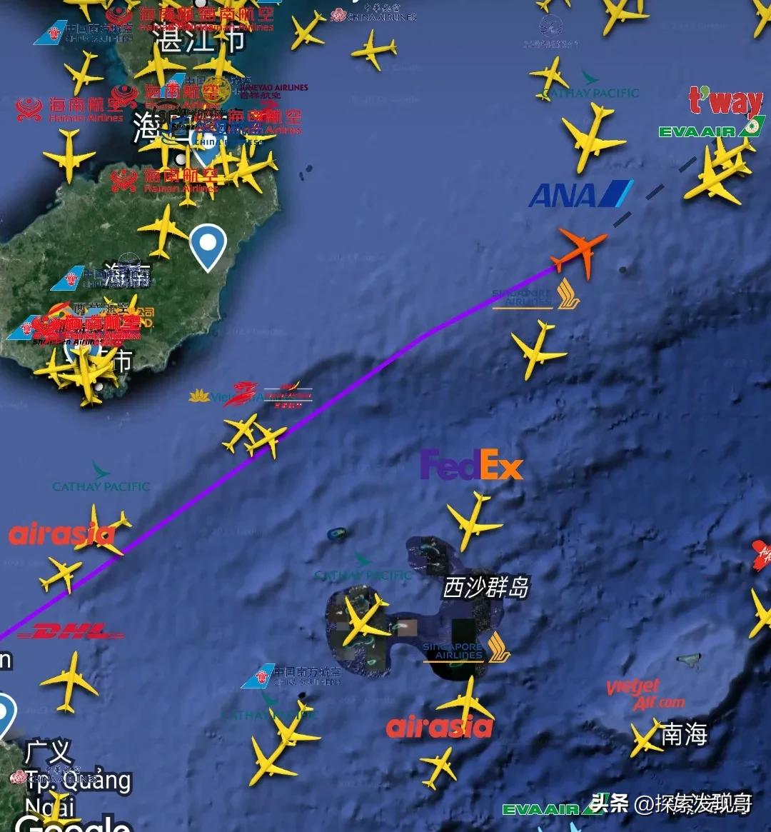 刚刚，5月28日10点03分，海南岛东部发现一架泰国飞日本飞机