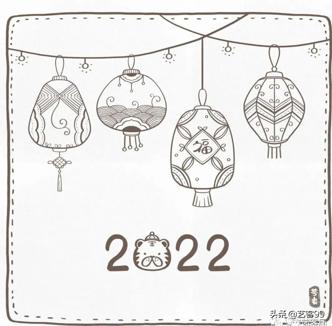 正月十五观花灯的绘画,正月十五月儿圆大红的灯笼