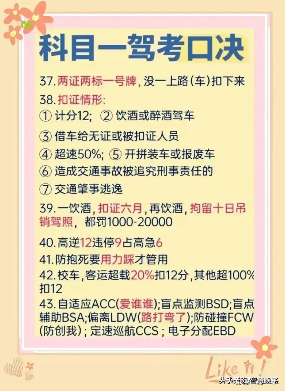 科目一驾考技巧100题口诀,科目一驾考口诀