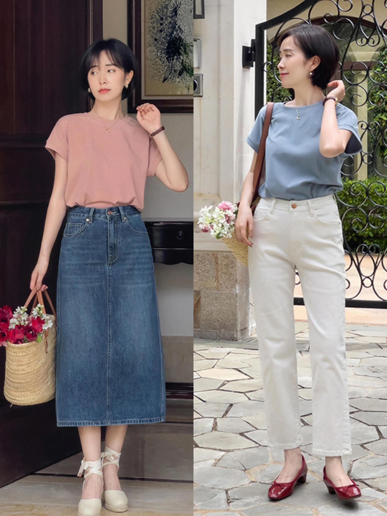 牛仔裤半身裙夏季怎么搭配,中长款t恤裙搭配牛仔裤直筒裤