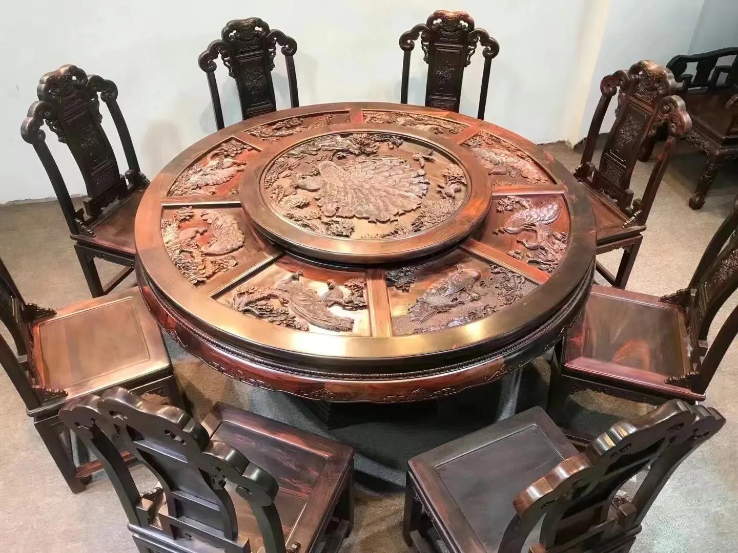 深雕圆餐桌图片大全,孔雀开屏奢石餐桌产地