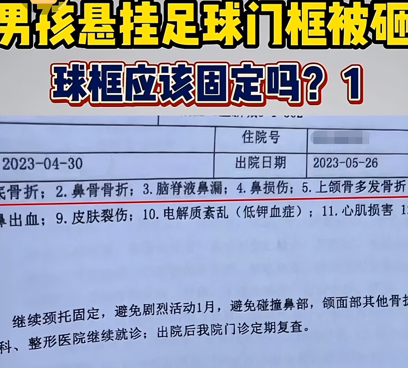 孩子悬挂在足球门框上，摔倒后致面部受伤，60万赔偿由谁来负？