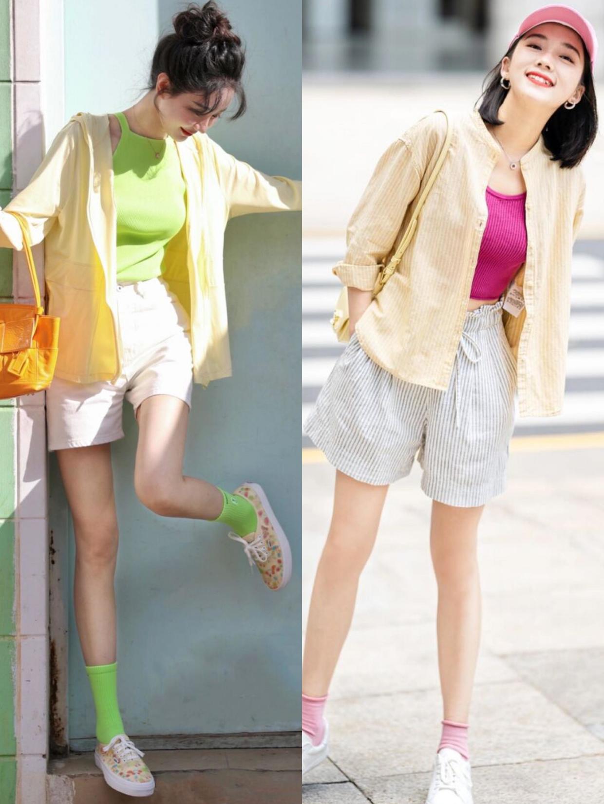 时尚短袖衫搭配气质西装短裤,短袖衬衫搭配超短百褶短裙