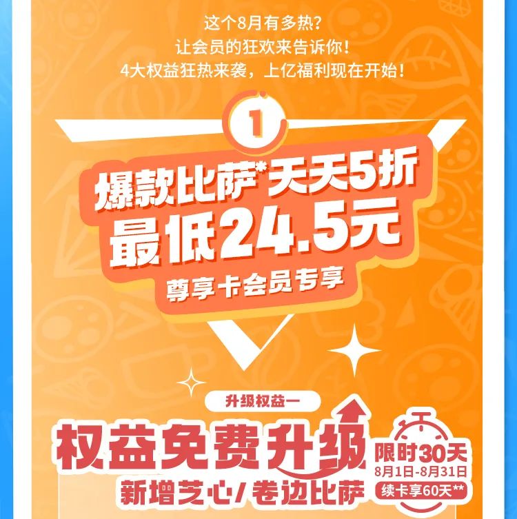 爆款比萨牛排天天5折，尊享卡免费升级